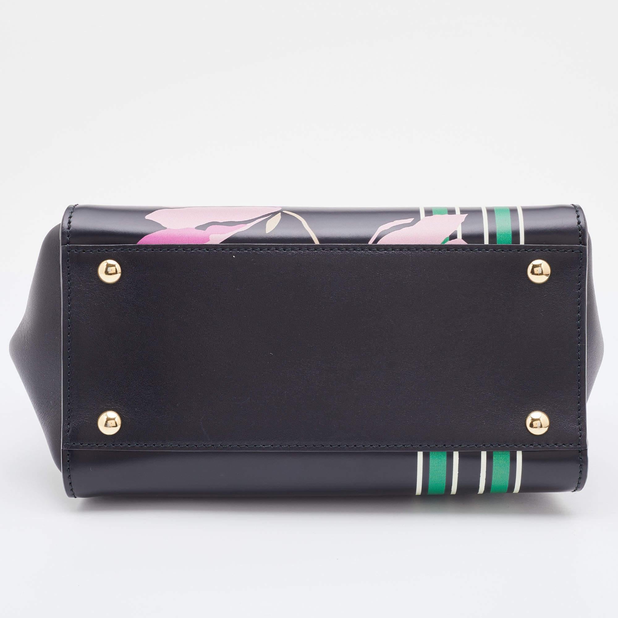 Salvatore Ferragamo Black Floral Print Leather Small Sofia Top Handle Bag 1