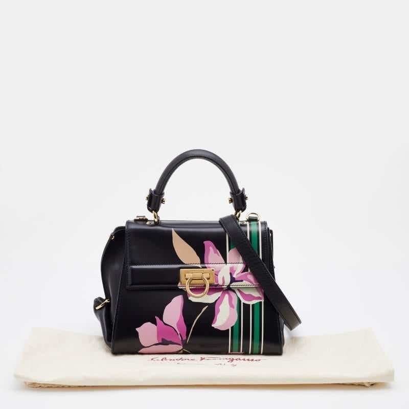 Salvatore Ferragamo Black Floral Print Leather Small Sofia Top Handle Bag 4