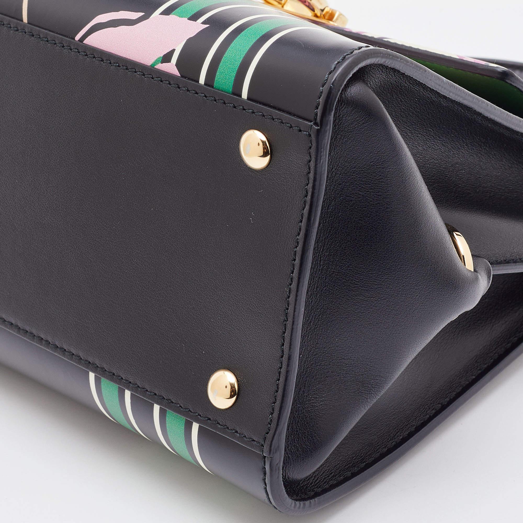 Salvatore Ferragamo Black Floral Print Leather Small Sofia Top Handle Bag 5