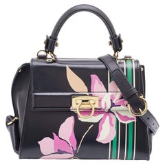 Salvatore Ferragamo Black Floral Print Leather Small Sofia Top Handle Bag