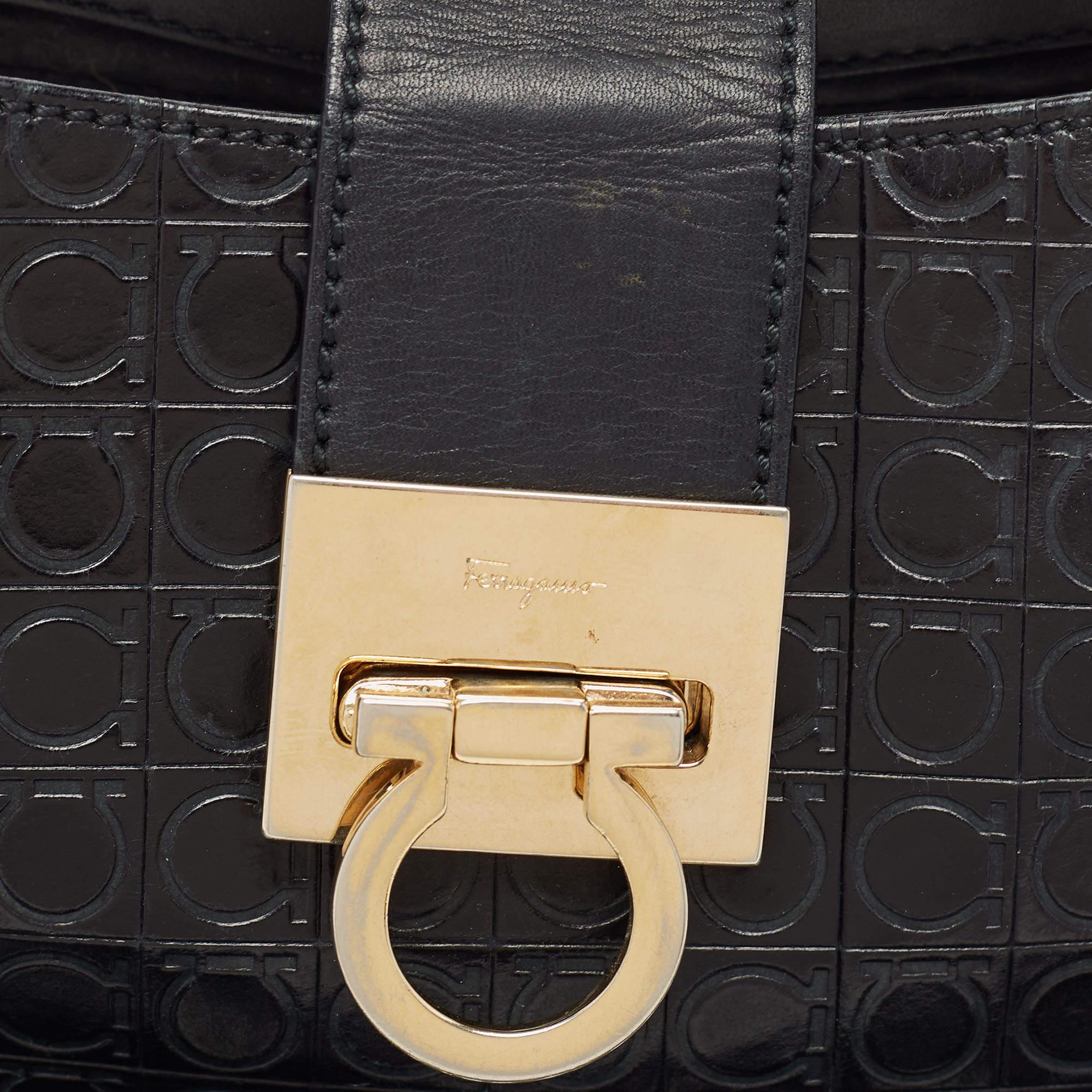 Salvatore Ferragamo Black Gancini Embossed Leather Shoulder Bag 4