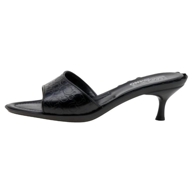 Salvatore Ferragamo Black Gancini Embossed Leather Slide Sandals Size 40