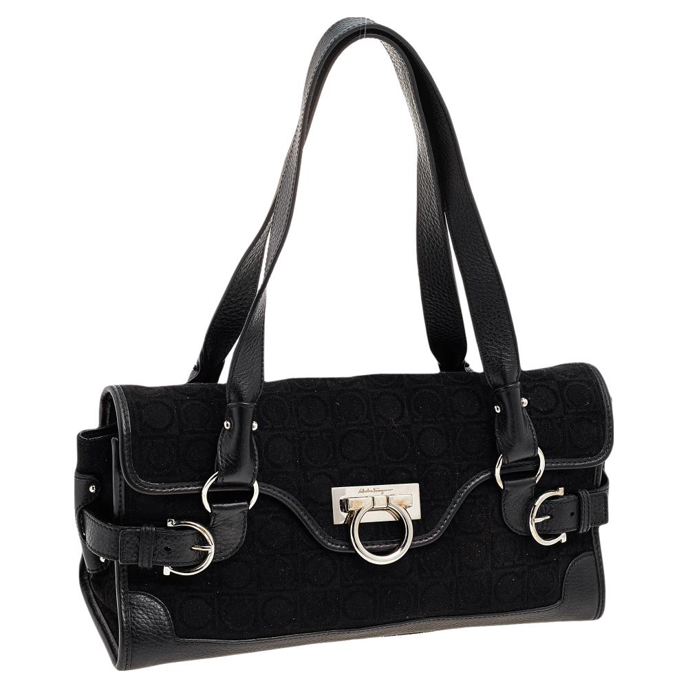 Women's Salvatore Ferragamo Black Gancini Velvet And Leather Shoulder Bag For Sale