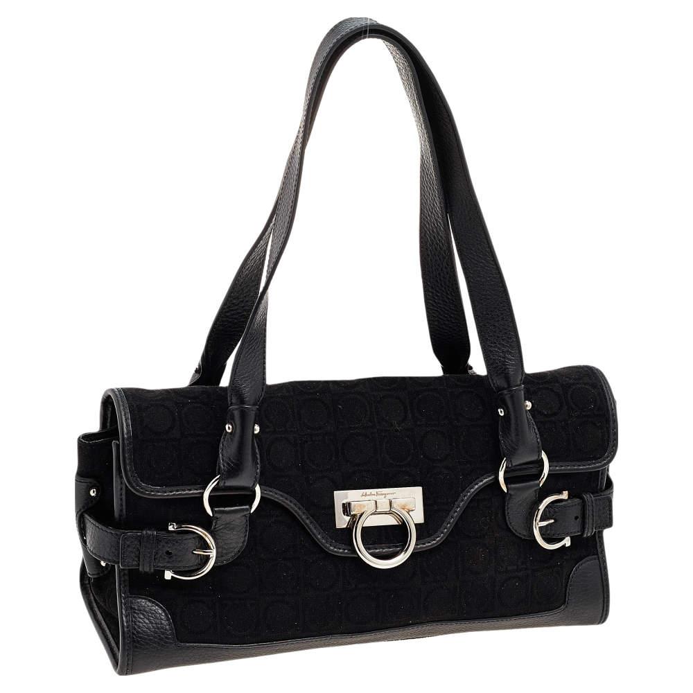Salvatore Ferragamo Black Gancini Velvet And Leather Shoulder Bag For Sale 1