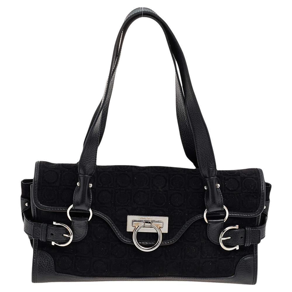 Salvatore Ferragamo Black Gancini Velvet And Leather Shoulder Bag For Sale