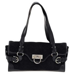 Used Salvatore Ferragamo Black Gancini Velvet And Leather Shoulder Bag
