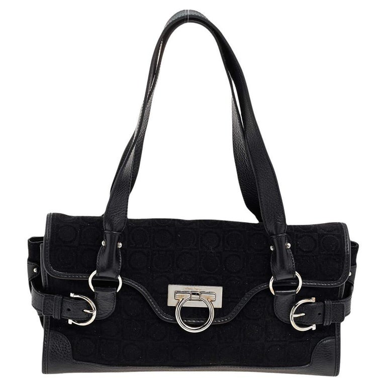 Salvatore Ferragamo Black Gancini Velvet And Leather Handbag For Sale