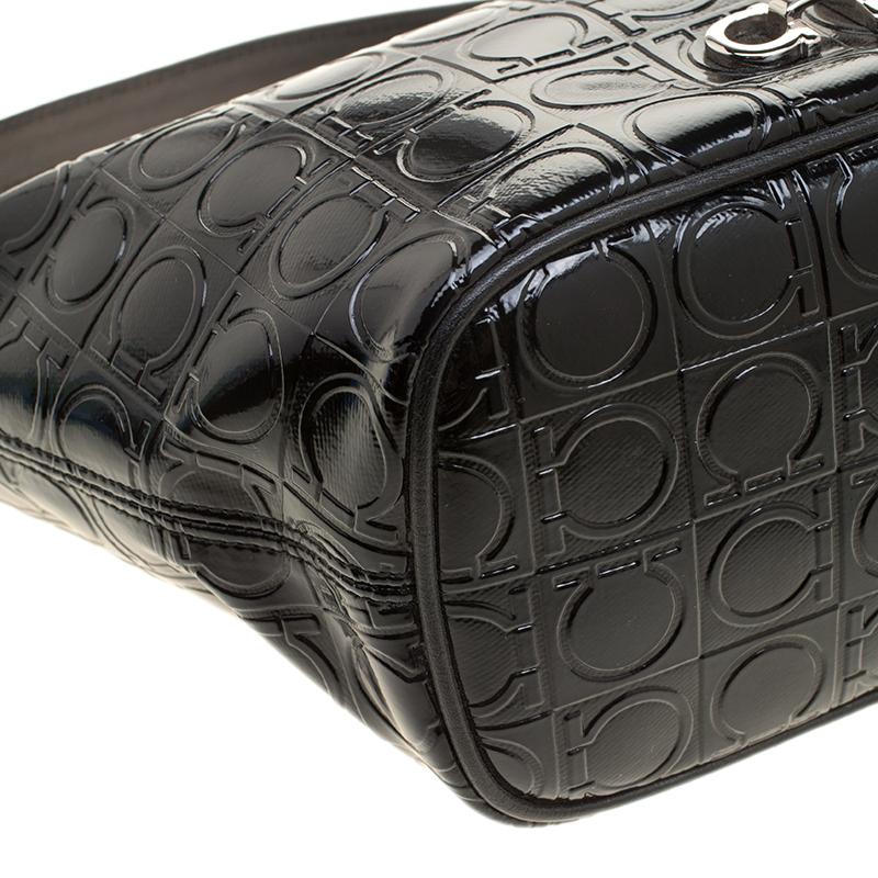 Salvatore Ferragamo Black Gancio Embossed Patent Leather Hobo 5
