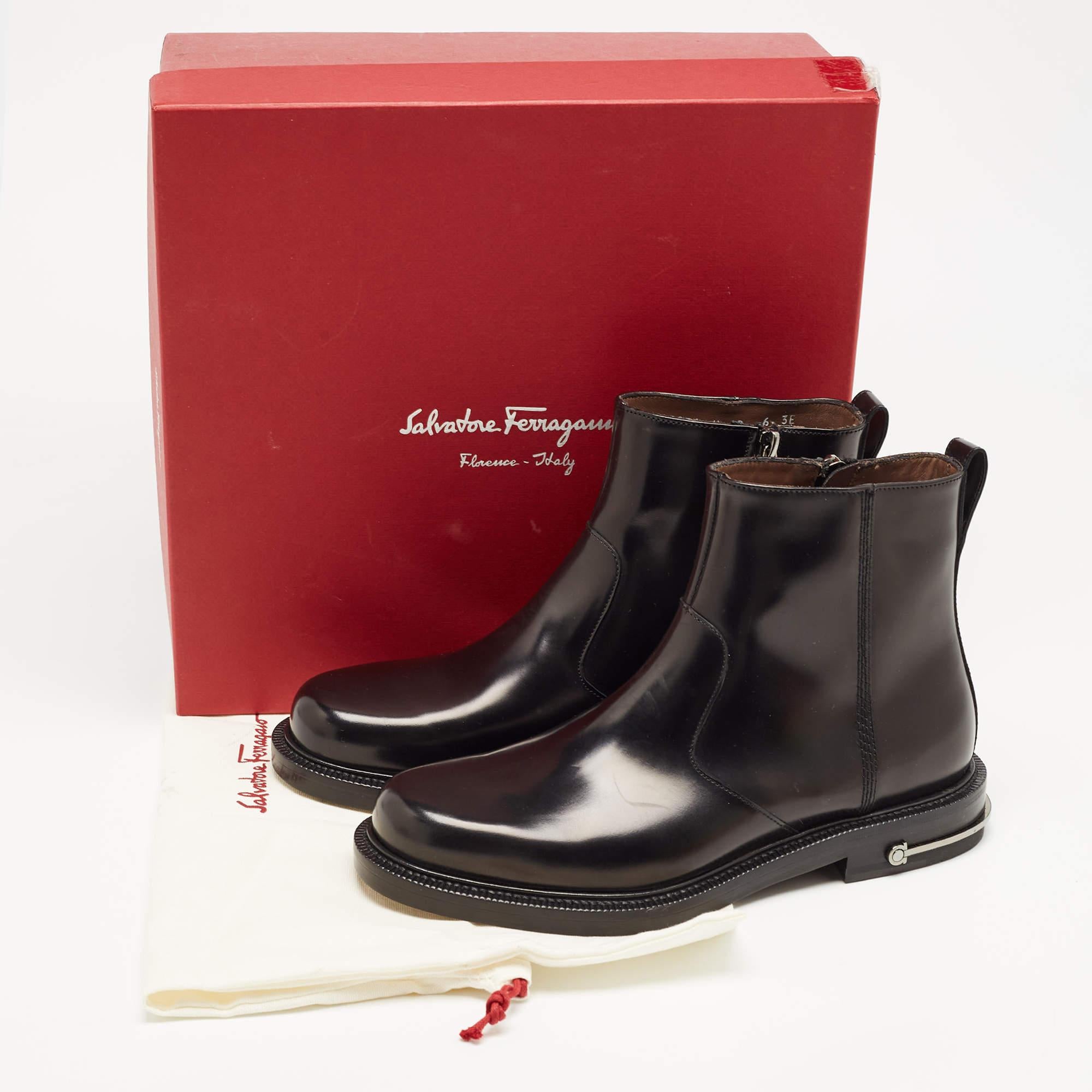 Salvatore Ferragamo Black Glossy Leather Zip Ankle Boots Size 40 6