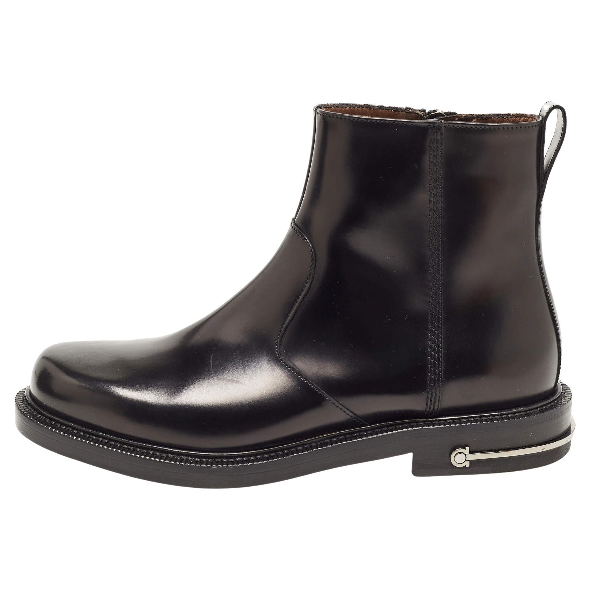 Salvatore Ferragamo Black Glossy Leather Zip Ankle Boots Size 40
