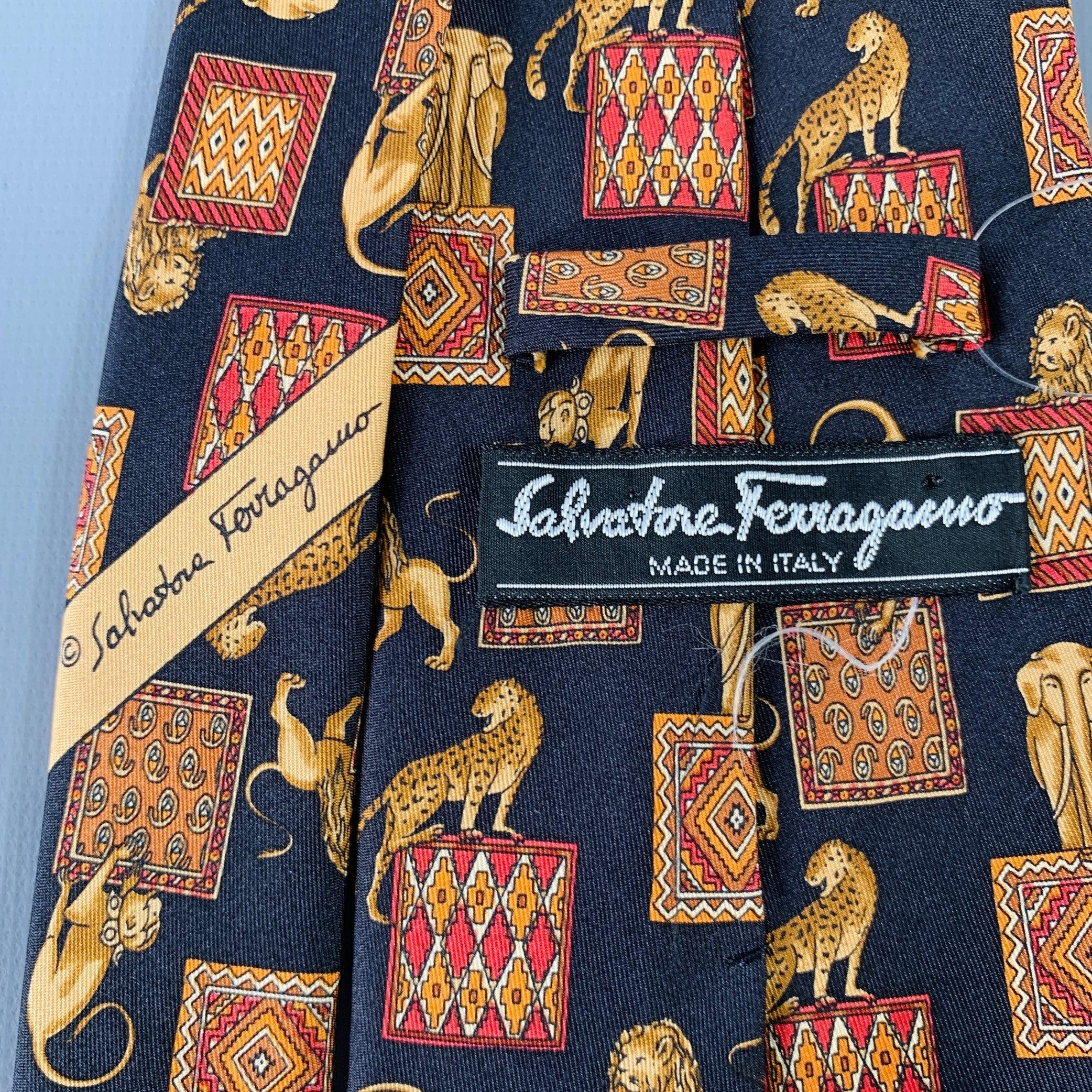 SALVATORE FERRAGAMO Black Gold Burgundy Animals Silk Tie In Excellent Condition In San Francisco, CA