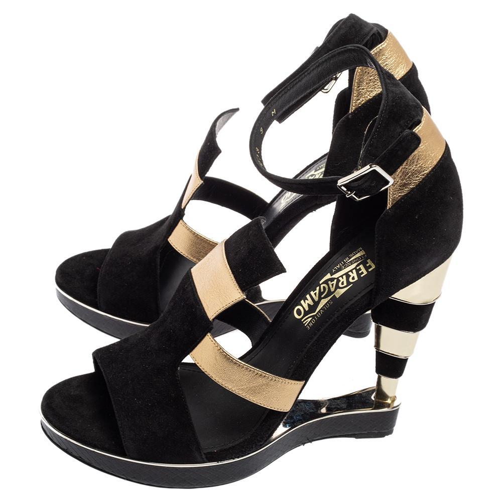 Salvatore Ferragamo Black/Gold Leather Lexus Platform Sandals Size 39.5 2