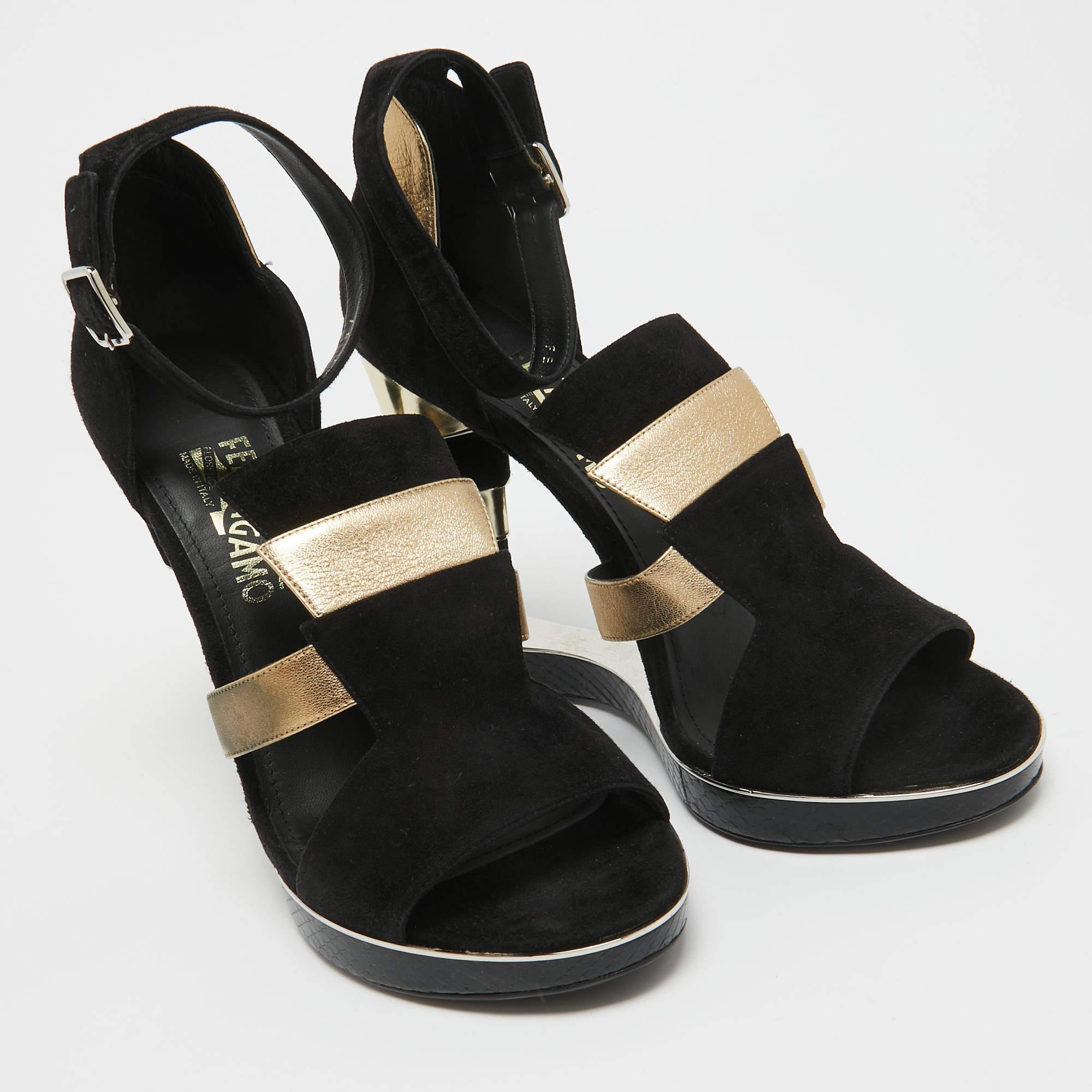 Salvatore Ferragamo Plataforma Lexus de ante, serpiente de agua y cuero negro/oro Negro en venta
