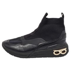 Salvatore Ferragamo Black Knit Fabric and Leather Cosma Sock Sneakers Size 40.5