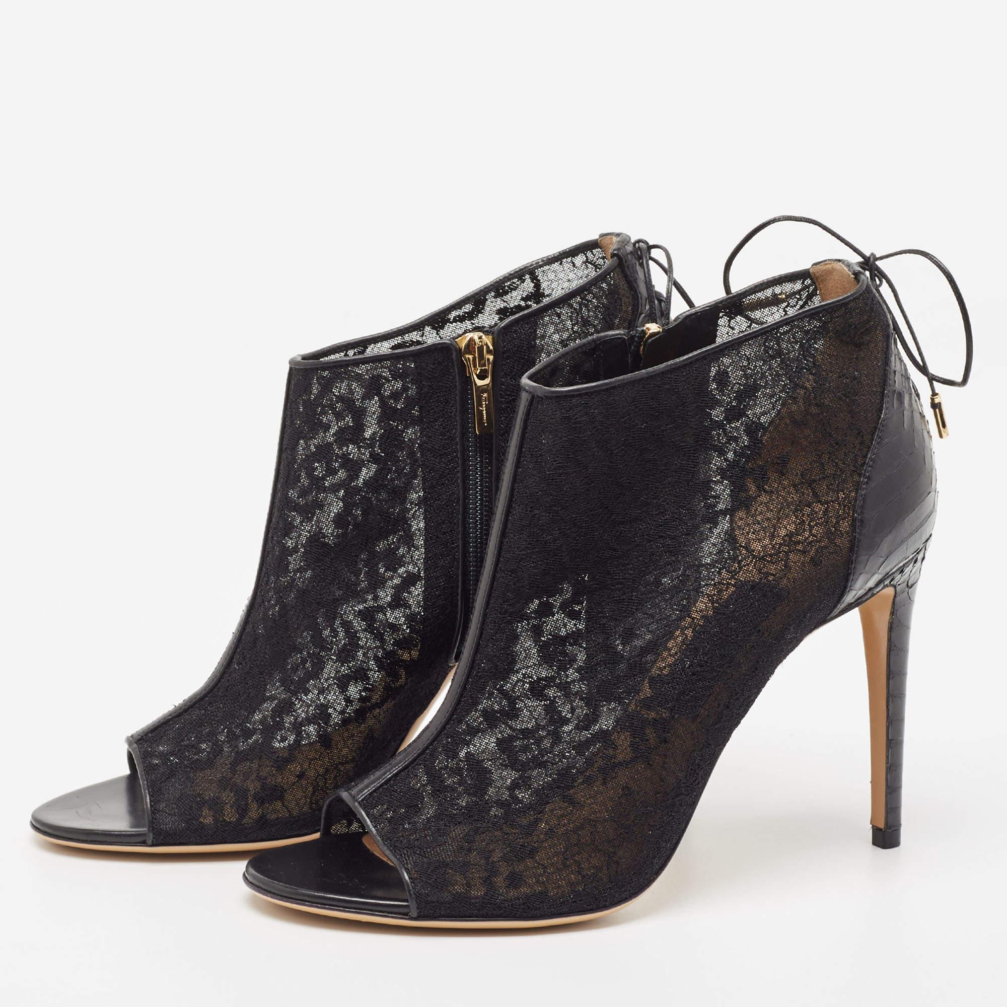 Women's Salvatore Ferragamo Black Lace and Python Peep Toe Ankle Boots Size 39.5 For Sale