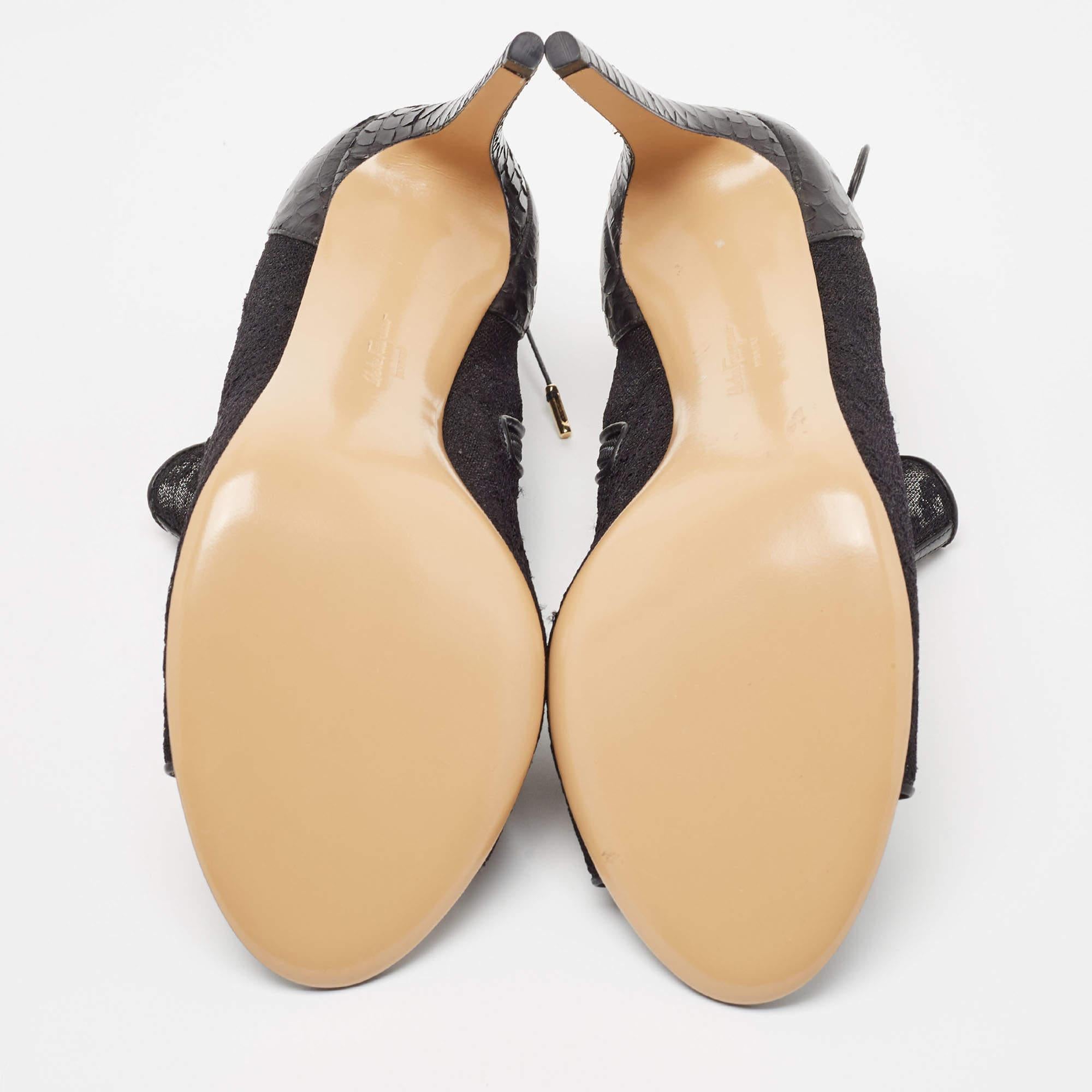 Salvatore Ferragamo Black Lace and Python Peep Toe Ankle Boots Size 39.5 2