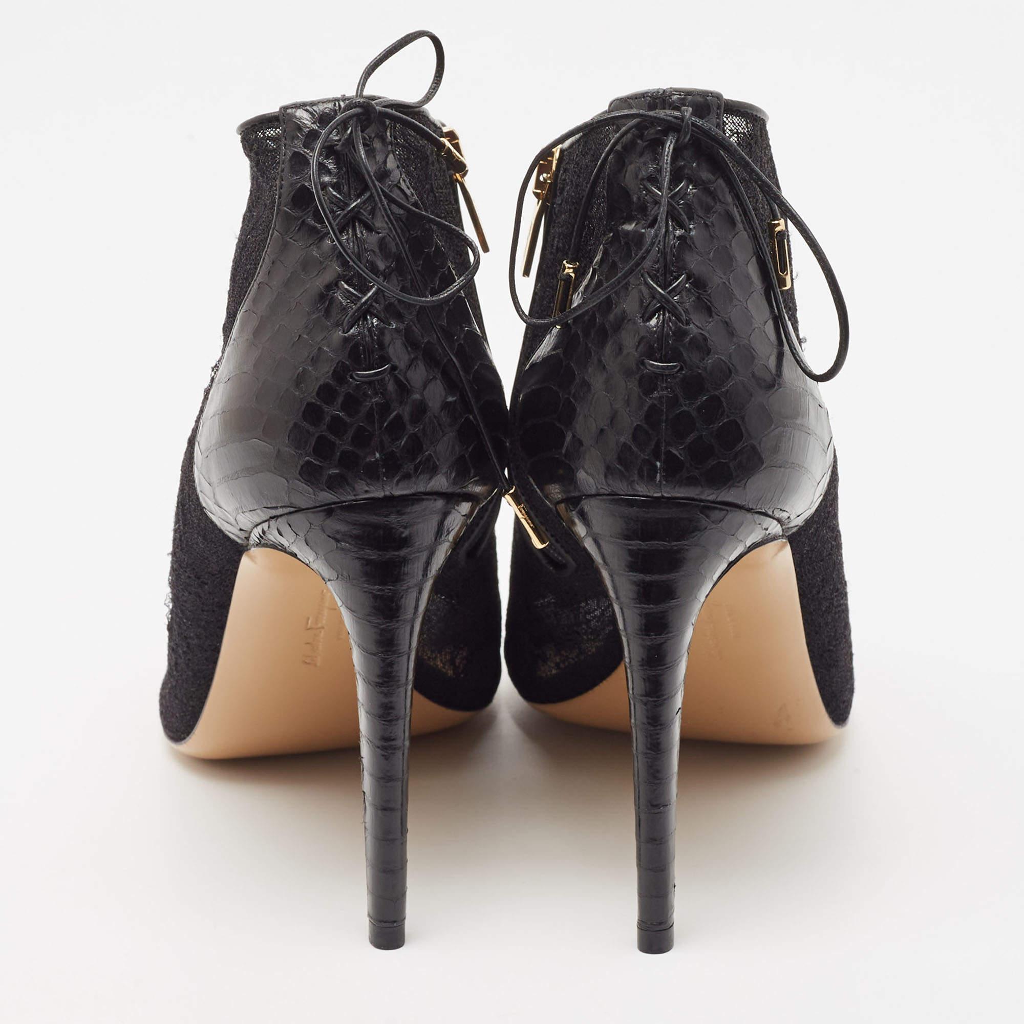 Salvatore Ferragamo Black Lace and Python Peep Toe Ankle Boots Size 39.5 For Sale 4