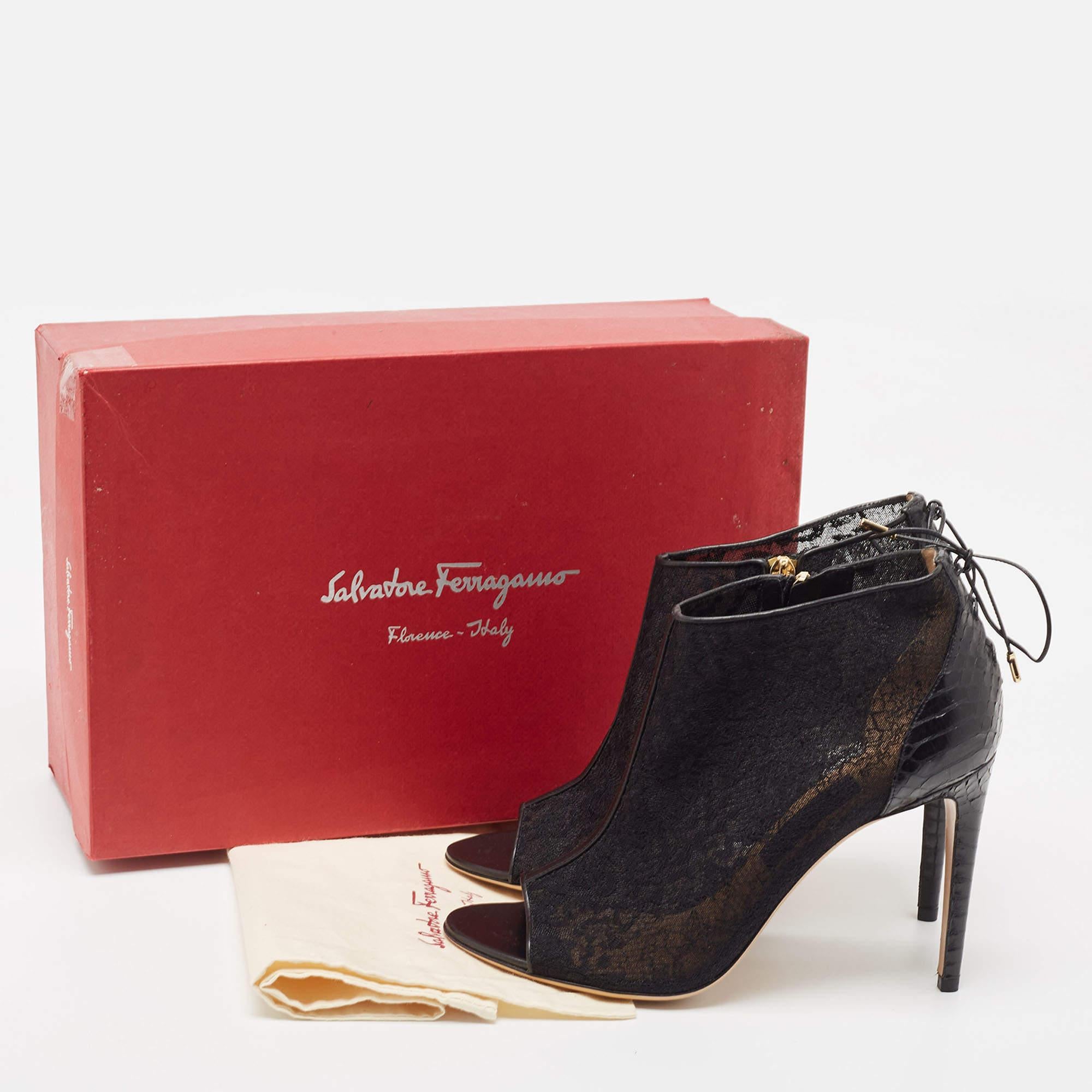 Salvatore Ferragamo Black Lace and Python Peep Toe Ankle Boots Size 39.5 For Sale 5
