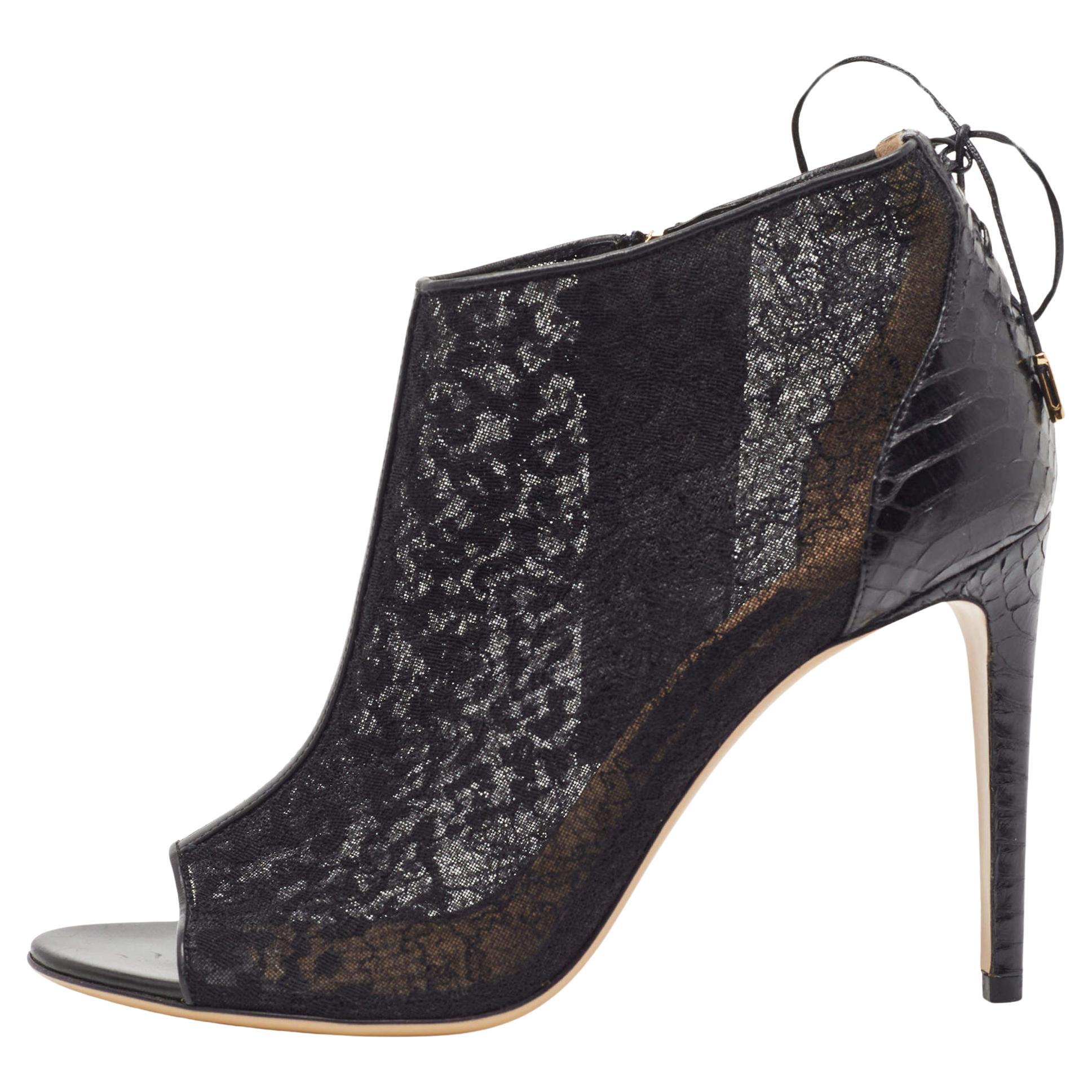 Salvatore Ferragamo Black Lace and Python Peep Toe Ankle Boots Size 39.5 For Sale