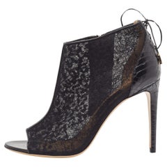 Salvatore Ferragamo Black Lace and Python Peep Toe Ankle Boots Size 39.5