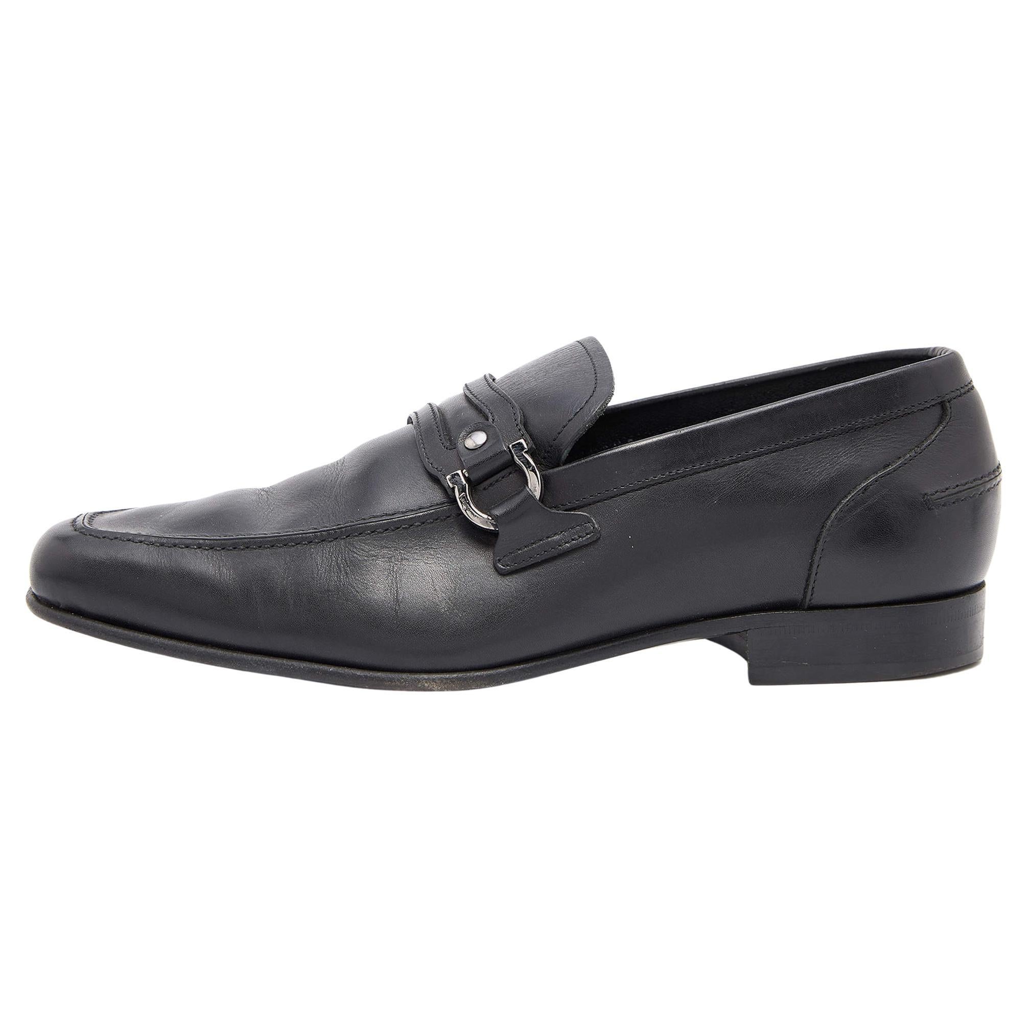 Salvatore Ferragamo Black Leaher Gancini Bit Slip On Loafers Size 41 For Sale