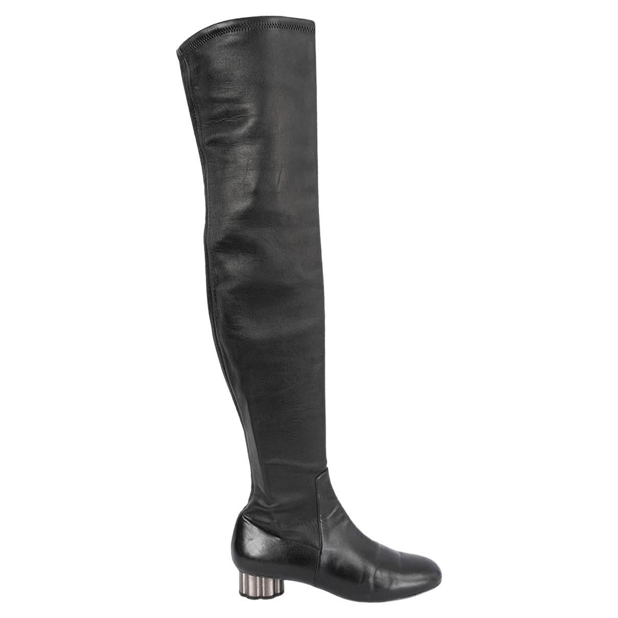 SALVATORE FERRAGAMO black leather 2017 FLAT OVER KNEE Boots Shoes 7.5 For Sale