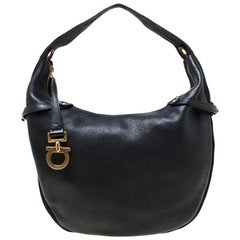 Salvatore Ferragamo Black Leather and Canvas Hobo