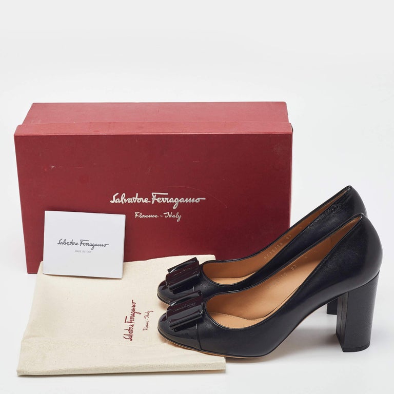 Salvatore Ferragamo Black Leather and Patent Cap Toe Buckle Pumps Size 38.5  at 1stDibs