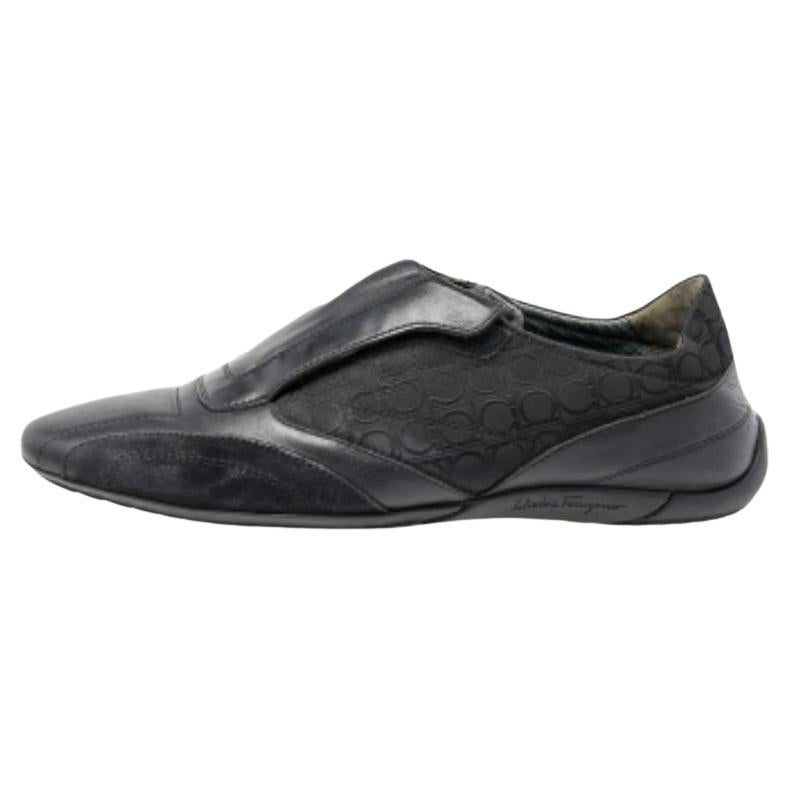 Salvatore Ferragamo Black Leather And Signature Canvas Slip On Sneakers Size 42