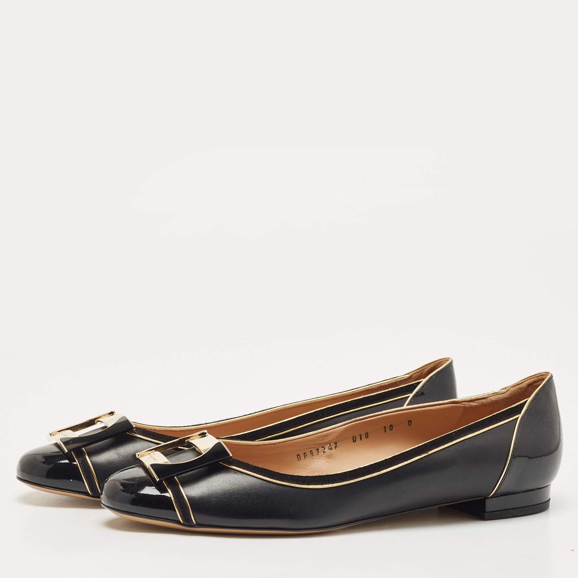 Salvatore Ferragamo Black Leather and Suede Missy Ballet Flats Size 40.5