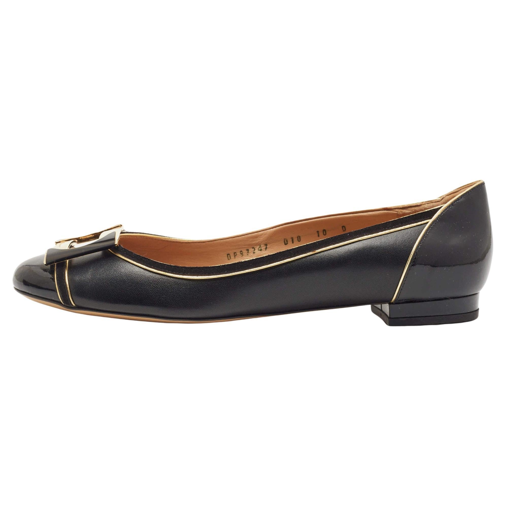 Salvatore Ferragamo Black Leather and Suede Missy Ballet Flats Size 40.5