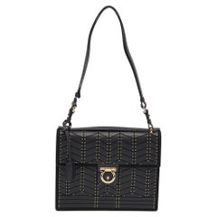 Used Salvatore Ferragamo Black Leather And Suede Studded Aileen Shoulder Bag