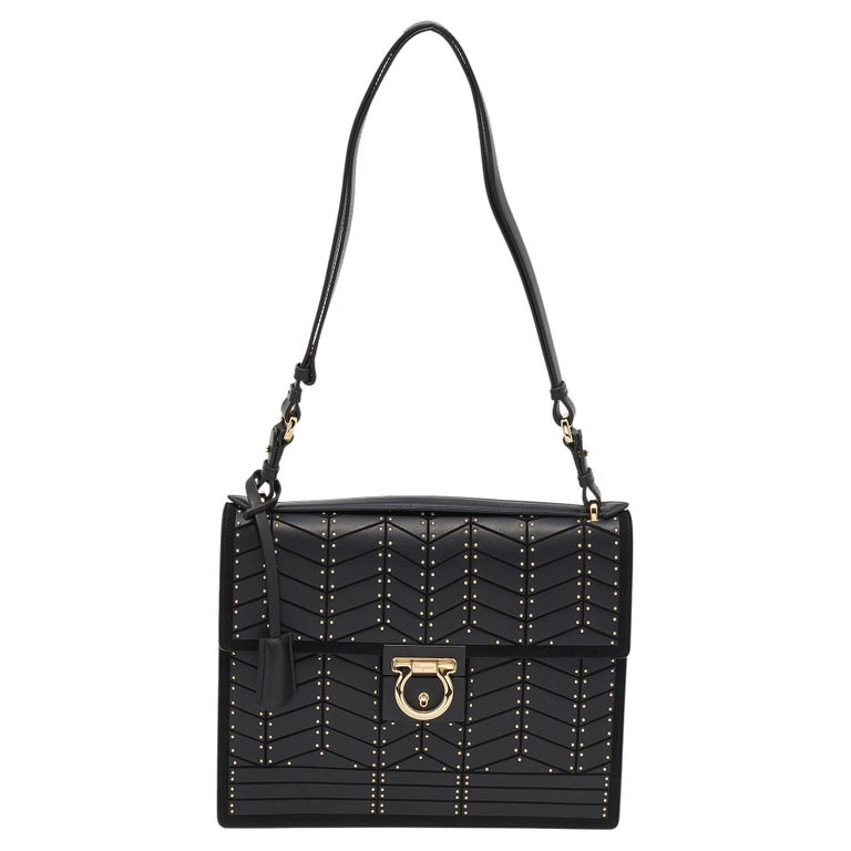 Salvatore Ferragamo Black Leather And Suede Studded Aileen Shoulder Bag