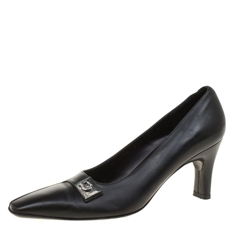 Match this pair of pumps from Salvatore Ferragamo with your favorite dress and grace any occasion. Flaunt the latest fashion as you waltz around in this pair of lovely leather footwear. These black beauties, ideal for all occasions, are a perfect