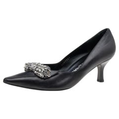 Salvatore Ferragamo Black Leather Crystal Embellished Pumps Size 38.5
