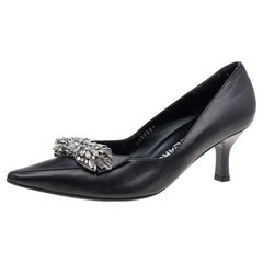 Salvatore Ferragamo Black Leather Crystal Embellished Pumps Size 38.5