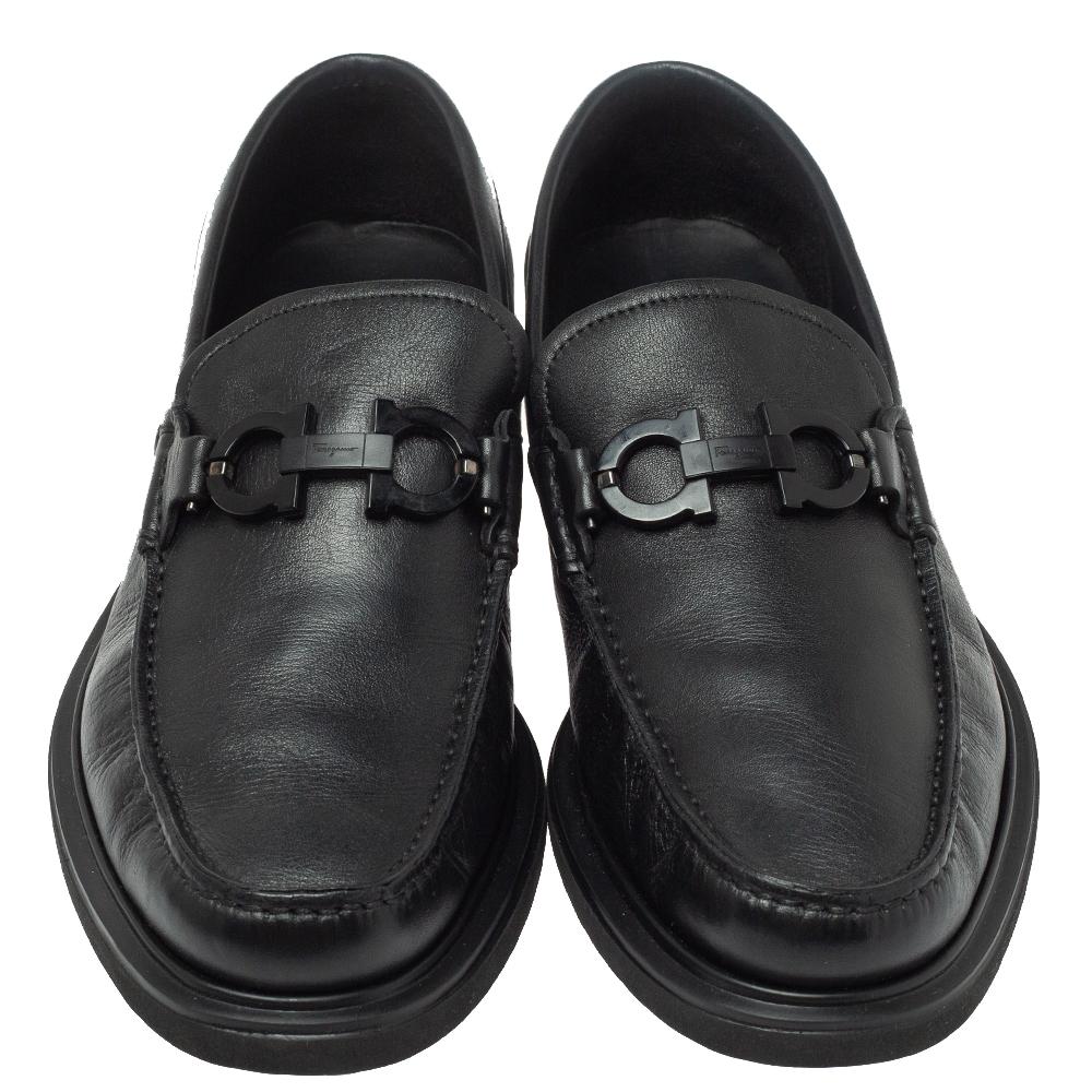 Men's Salvatore Ferragamo Black Leather Double Gancio Loafers Size 40