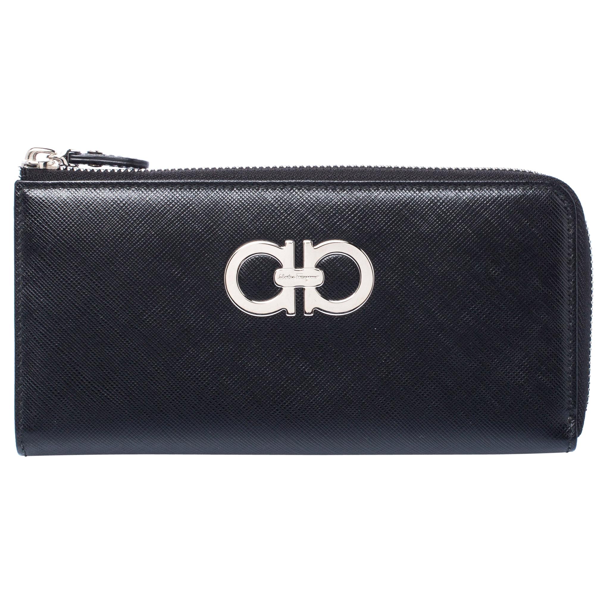 Salvatore Ferragamo Black Leather Double Gancio Zip Wallet