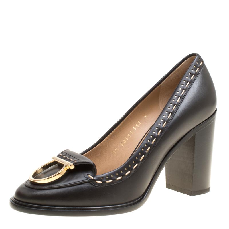 Women's Salvatore Ferragamo Black Leather Fele Ganci Block Heel Loafer Pumps Size 38.5