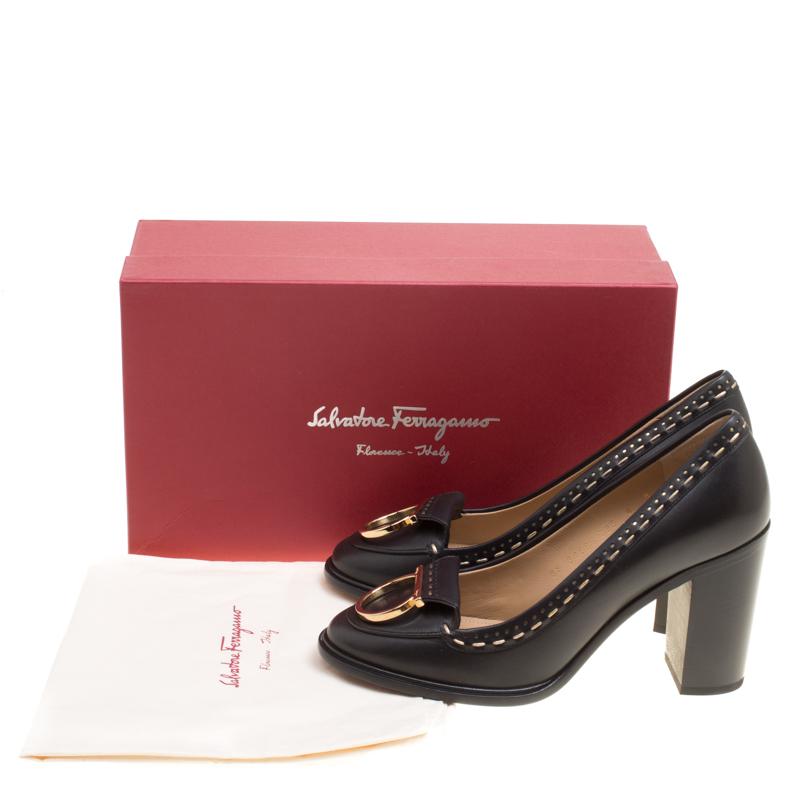 Salvatore Ferragamo Black Leather Fele Ganci Block Heel Loafer Pumps Size 38.5 2