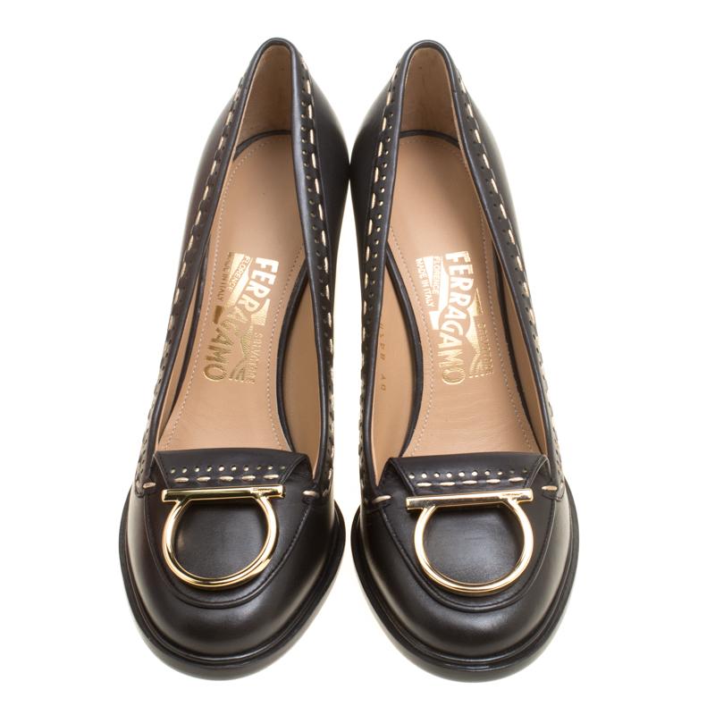 Salvatore Ferragamo Black Leather Fele Ganci Block Heel Loafer Pumps Size 38.5 4