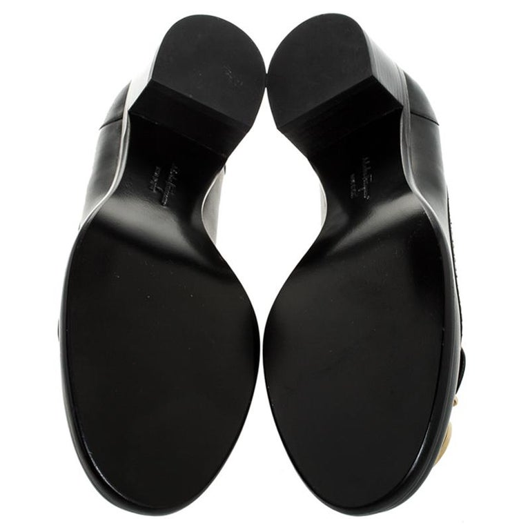Salvatore Ferragamo Black Leather Fele Gancio Block Heel Loafer Pumps ...
