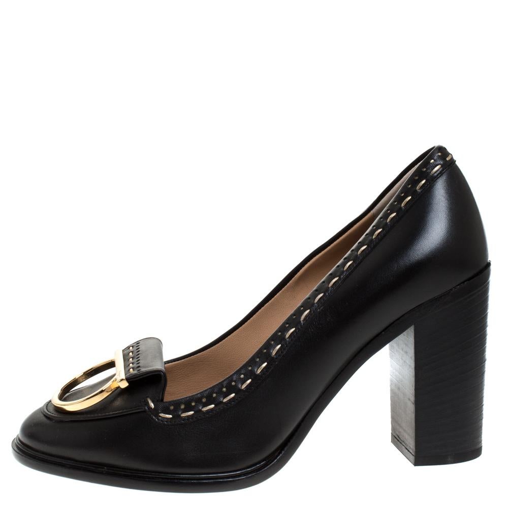 Salvatore Ferragamo Black Leather Fele Gancio Block Heel Loafer Pumps ...