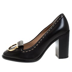 Salvatore Ferragamo Black Leather Fele Gancio Block Heel Loafer Pumps Size 40.5