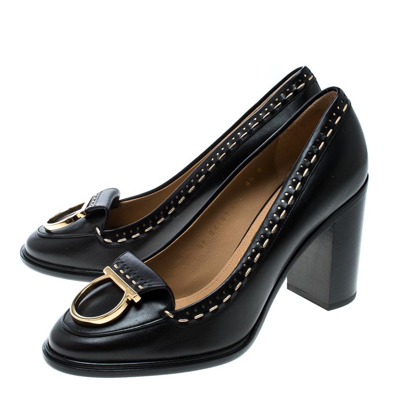 Women's Salvatore Ferragamo Black Leather Fele Gancio Detail Block Heel Loafer Pumps 