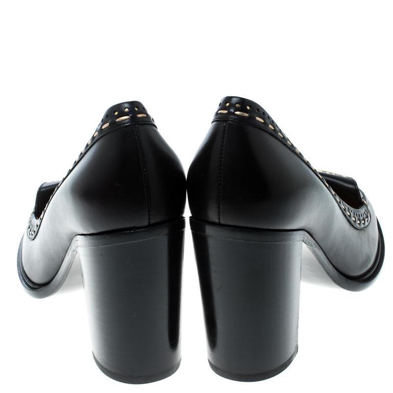 Salvatore Ferragamo Black Leather Fele Gancio Detail Block Heel Loafer Pumps  1