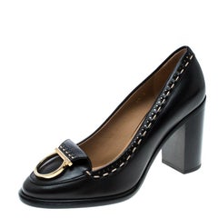 Salvatore Ferragamo Black Leather Fele Gancio Detail Block Heel Loafer Pumps