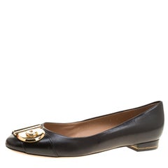 Salvatore Ferragamo Black Leather Fiamma Keyhole Ballet Flats Size 37.5