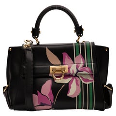 Salvatore Ferragamo Black Leather Floral Sofia Top Handle Handbag