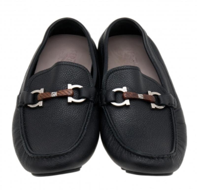 Men's Salvatore Ferragamo Black Leather Gancini Bit Slip On Loafers Size 43 For Sale